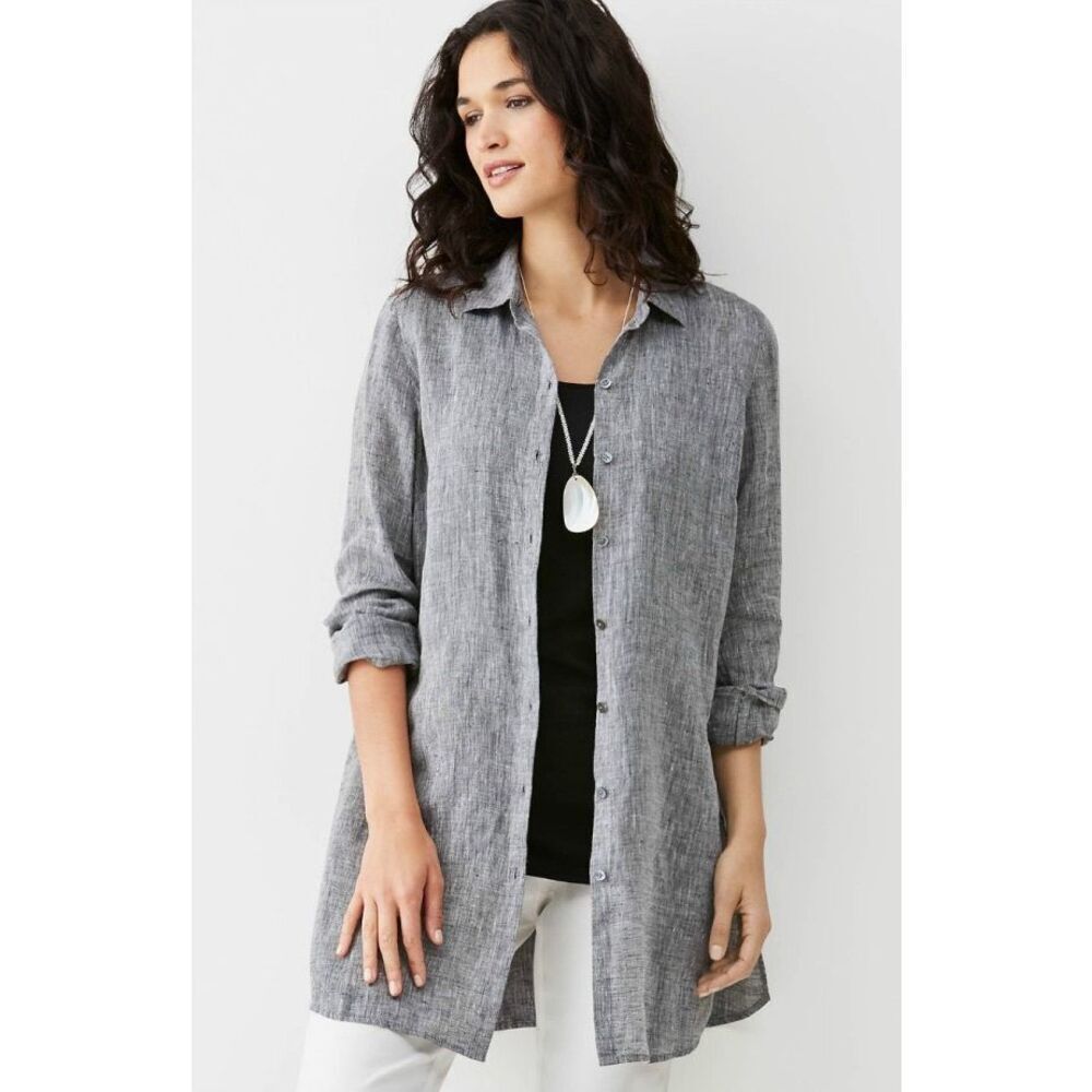 J Jill Gray Linen Tunic Shirt Womens Small Button Front
